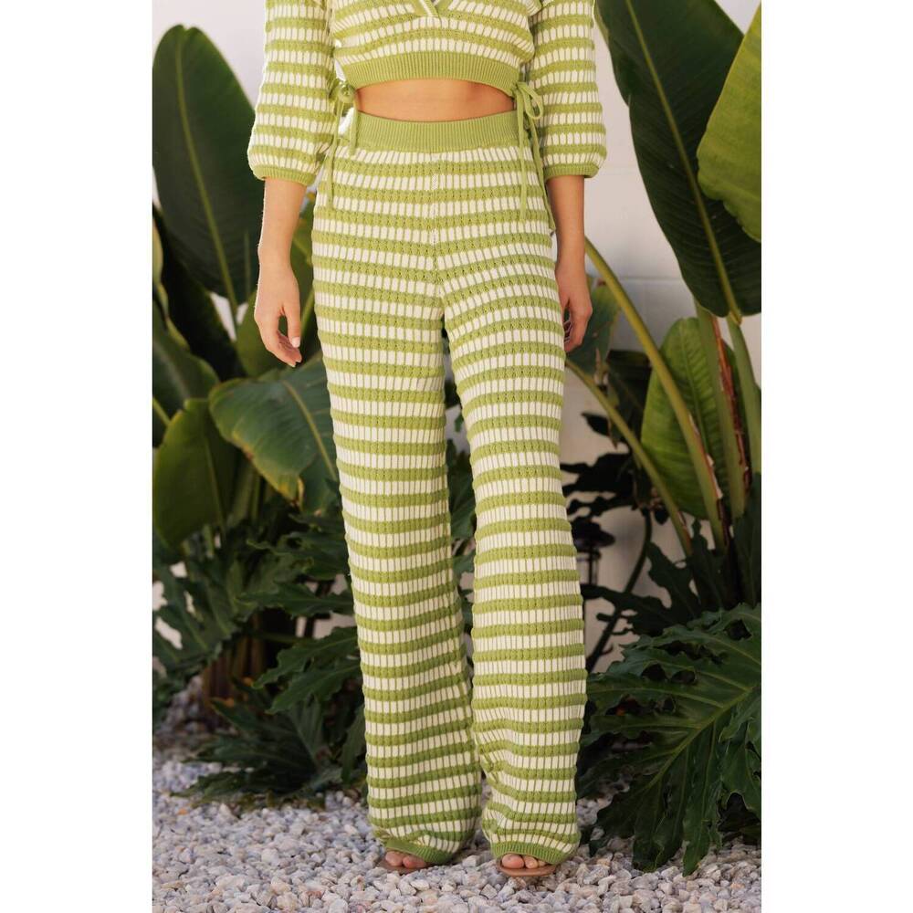 NEW ENDLESS BLU. avo stripe knit pants in green and ivory